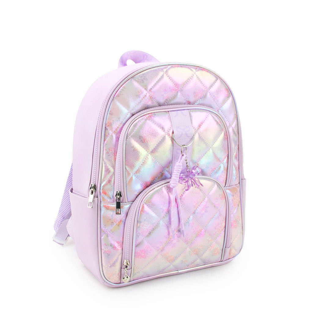 OMG Accessories Metallic Floral Print Quilted Large Backpack with Charm