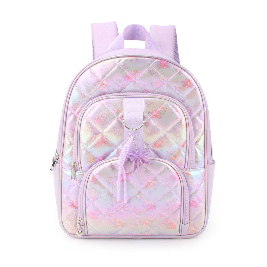 OMG Accessories Metallic Floral Print Quilted Large Backpack with Charm