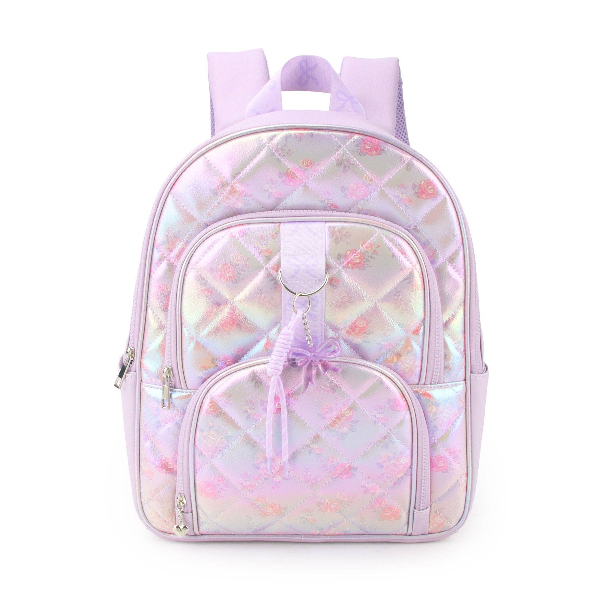 OMG Accessories Metallic Floral Print Quilted Large Backpack with Charm