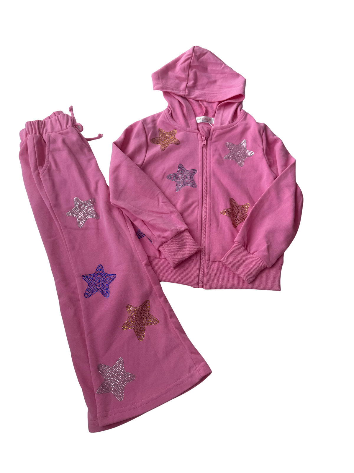 Tweenstyle Pink Rhinestone Stars Set - Zip Hoodie & Wide Leg Pant